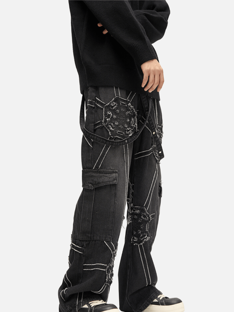 Spider Web Embroidered Denim Cargo Pants